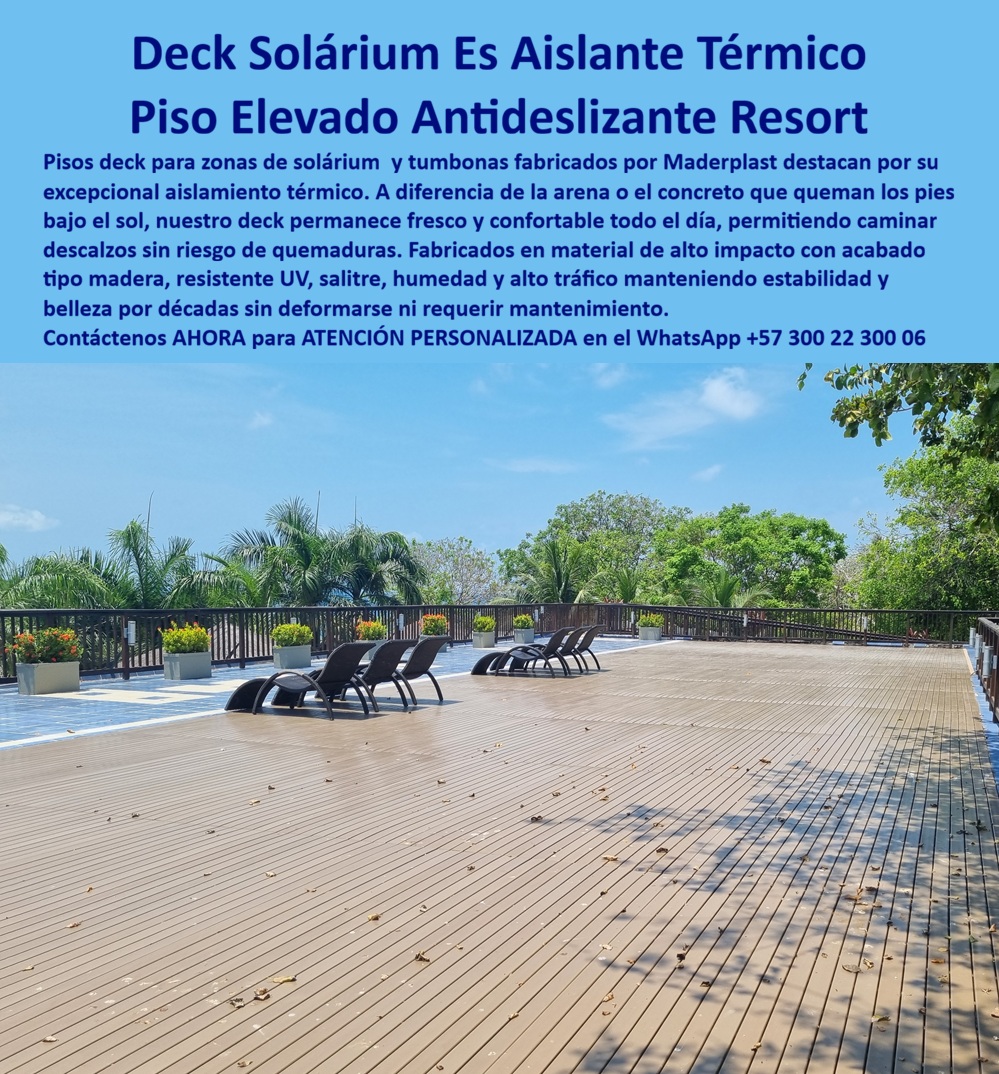 Suelo Deck Zonas Tomar Sol Piso Aislante Calor Cubierta Filtrante Maderplast - DECK SOLÁRIUM AISLANTE TÉRMICO PARA RESORT: EL PISO QUE PROTEGE LOS PIES DE SUS HUÉSPEDES Y LA REPUTACIÓN DE SU ESTABLECIMIENTO Existe una queja silenciosa que ningún huésped de resort escribe en el libro de comentarios pero que publica sin reservas en TripAdvisor: el piso de la terraza solárium que quema los pies al mediodía. El concreto expuesto acumula hasta 70 grados centígrados bajo sol directo en clima tropical, la cerámica no es muy diferente, y ambos materiales convierten el área de tumbonas —que debería ser el espacio de mayor confort del establecimiento— en una zona que los huéspedes cruzan corriendo con sandalias o simplemente evitan en las horas de mayor sol. El deck solárium aislante térmico para terraza de resort fabricado por Maderplast en polímero técnico de alto impacto resuelve ese problema con una propiedad física que ningún acabado superficial puede replicar en concreto ni en cerámica: el material no acumula calor conductivo, permanece transitable descalzo durante todo el día independientemente de la intensidad de la radiación solar directa, y convierte el área de asoleadoras en el espacio de permanencia prolongada que el diseño del resort siempre quiso que fuera. La imagen lo demuestra con la contundencia de una terraza real en operación: una cubierta solárium de gran superficie completamente revestida con tablillas de deck en tono bicolor gris y caoba, con juntas de ventilación que permiten circulación de aire bajo la superficie y contribuyen al efecto de aislamiento térmico, instaladas sobre estructura elevada que separa el material del sustrato de concreto subyacente. Tumbonas reclinables dispuestas en fila sobre el deck, vegetación perimetral en macetas, barandilla de seguridad perimetral y vistas al entorno tropical completando una terraza que comunica exactamente lo que un hotel de categoría superior necesita comunicar: confort, cuidado del huésped y permanencia en el detalle. La superficie mojada visible en primer plano confirma la condición antideslizante activa del perfil bajo humedad, un atributo técnico crítico en zonas donde los bañistas transitan desde la piscina hacia el área de descanso con los pies húmedos. El piso deck elevado antideslizante para solárium y zona de tumbonas de Maderplast combina en un solo sistema tres funciones que los materiales convencionales no logran simultáneamente: aislamiento térmico que protege al usuario, drenaje superficial inmediato que elimina acumulación de agua y riesgo de caída, y estética premium tipo madera que mantiene su aspecto original sin decoloración, sin deformación por calor y sin requerimiento de mantenimiento durante más de veinte años de operación continua en condiciones de exposición solar extrema. La resistencia a la radiación UV está certificada en laboratorio, lo que garantiza que el tono del material no migra hacia el amarillamiento que afecta a los polímeros de baja calidad después de dos o tres temporadas de sol tropical directo. El Arq. Patricia Londoño, Gerente de Proyectos de Infraestructura del Grupo Hotelero Tierra Viva, lo confirma desde la operación real: "Habíamos instalado cerámica antideslizante en la terraza solárium de dos de nuestros resorts y el problema era siempre el mismo: huéspedes que evitaban el área entre las 10 de la mañana y las 3 de la tarde porque el piso quemaba, y en alta temporada recibimos entre cuatro y ocho quejas semanales por ese motivo. Con Maderplast instalamos el deck solárium aislante en el tercer resort del grupo y la diferencia fue inmediata desde la primera semana de operación: cero quejas por temperatura del piso, ocupación del área solárium durante todo el horario diurno y un comentario recurrente en las reseñas de los huéspedes que nunca habíamos visto antes referenciando el piso de la terraza como uno de los detalles que más valoraban. El deck se instaló en cuatro días sobre el concreto existente sin obra mayor, y dos temporadas después no hemos tenido que intervenir ni una sola tablilla. Reemplazamos la cerámica de los otros dos resorts en la siguiente renovación. No volvería a especificar otro material para terrazas solarium." Los suelos deck para cubierta y terraza de asoleadoras de alta durabilidad de Maderplast se fabrican a medida, se instalan sobre estructura existente sin demolición, y se entregan con ficha técnica certificada y garantía documentada. Cuando el confort del huésped descalzo es el estándar, solo Maderplast tiene la ingeniería que lo sostiene. Asesoría Especializada con un Especialista de Maderplast — Atención Personalizada en este WhatsApp: +57 300 22 300 06 Suelos Decks Cubierta Terraza Asoleadoras Alta Durabilidad, Piso Deck Asoleadoras Terrazas Resort Duradero Resistente UV, Pisos Deck De Zonas Tumbonas Antióxido Suelo Deck Zonas Tomar Sol Piso Aislante Calor Cubierta Filtrante Maderplast Suelos Decks Cubierta Terraza Asoleadoras Alta Durabilidad Piso Deck Asoleadoras Terrazas Resort Duradero Resistente UV Pisos Deck De Zonas Tumbonas Antióxido DECK SOLÁRIUM AISLANTE TÉRMICO PARA RESORT: EL PISO QUE PROTEGE LOS PIES DE SUS HUÉSPEDES Y LA REPUTACIÓN DE SU ESTABLECIMIENTO Existe una queja silenciosa que ningún huésped de resort escribe en el libro de comentarios pero que publica sin reservas en TripAdvisor: el piso de la terraza solárium que quema los pies al mediodía. El concreto expuesto acumula hasta 70 grados centígrados bajo sol directo en clima tropical, la cerámica no es muy diferente, y ambos materiales convierten el área de tumbonas —que debería ser el espacio de mayor confort del establecimiento— en una zona que los huéspedes cruzan corriendo con sandalias o simplemente evitan en las horas de mayor sol. El deck solárium aislante térmico para terraza de resort fabricado por Maderplast en polímero técnico de alto impacto resuelve ese problema con una propiedad física que ningún acabado superficial puede replicar en concreto ni en cerámica: el material no acumula calor conductivo, permanece transitable descalzo durante todo el día independientemente de la intensidad de la radiación solar directa, y convierte el área de asoleadoras en el espacio de permanencia prolongada que el diseño del resort siempre quiso que fuera. La imagen lo demuestra con la contundencia de una terraza real en operación: una cubierta solárium de gran superficie completamente revestida con tablillas de deck en tono bicolor gris y caoba, con juntas de ventilación que permiten circulación de aire bajo la superficie y contribuyen al efecto de aislamiento térmico, instaladas sobre estructura elevada que separa el material del sustrato de concreto subyacente. Tumbonas reclinables dispuestas en fila sobre el deck, vegetación perimetral en macetas, barandilla de seguridad perimetral y vistas al entorno tropical completando una terraza que comunica exactamente lo que un hotel de categoría superior necesita comunicar: confort, cuidado del huésped y permanencia en el detalle. La superficie mojada visible en primer plano confirma la condición antideslizante activa del perfil bajo humedad, un atributo técnico crítico en zonas donde los bañistas transitan desde la piscina hacia el área de descanso con los pies húmedos. El piso deck elevado antideslizante para solárium y zona de tumbonas de Maderplast combina en un solo sistema tres funciones que los materiales convencionales no logran simultáneamente: aislamiento térmico que protege al usuario, drenaje superficial inmediato que elimina acumulación de agua y riesgo de caída, y estética premium tipo madera que mantiene su aspecto original sin decoloración, sin deformación por calor y sin requerimiento de mantenimiento durante más de veinte años de operación continua en condiciones de exposición solar extrema. La resistencia a la radiación UV está certificada en laboratorio, lo que garantiza que el tono del material no migra hacia el amarillamiento que afecta a los polímeros de baja calidad después de dos o tres temporadas de sol tropical directo. El Arq. Patricia Londoño, Gerente de Proyectos de Infraestructura del Grupo Hotelero Tierra Viva, lo confirma desde la operación real: "Habíamos instalado cerámica antideslizante en la terraza solárium de dos de nuestros resorts y el problema era siempre el mismo: huéspedes que evitaban el área entre las 10 de la mañana y las 3 de la tarde porque el piso quemaba, y en alta temporada recibimos entre cuatro y ocho quejas semanales por ese motivo. Con Maderplast instalamos el deck solárium aislante en el tercer resort del grupo y la diferencia fue inmediata desde la primera semana de operación: cero quejas por temperatura del piso, ocupación del área solárium durante todo el horario diurno y un comentario recurrente en las reseñas de los huéspedes que nunca habíamos visto antes referenciando el piso de la terraza como uno de los detalles que más valoraban. El deck se instaló en cuatro días sobre el concreto existente sin obra mayor, y dos temporadas después no hemos tenido que intervenir ni una sola tablilla. Reemplazamos la cerámica de los otros dos resorts en la siguiente renovación. No volvería a especificar otro material para terrazas solarium." Los suelos deck para cubierta y terraza de asoleadoras de alta durabilidad de Maderplast se fabrican a medida, se instalan sobre estructura existente sin demolición, y se entregan con ficha técnica certificada y garantía documentada. Cuando el confort del huésped descalzo es el estándar, solo Maderplast tiene la ingeniería que lo sostiene. Asesoría Especializada con un Especialista de Maderplast — Atención Personalizada en este WhatsApp: +57 300 22 300 06