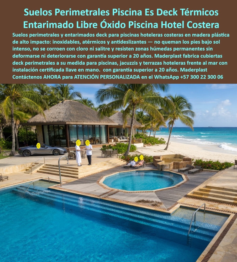 Suelos Perimetrales Piscina Inoxidables Cubiertas Deck Maderplast - En esta imagen se observa un exclusivo complejo hotelero frente al mar con amplias zonas de piscina, terrazas panorámicas, áreas de descanso y cubiertas perimetrales construidas con decks térmicos tipo madera para exteriores. El entorno combina playa, salinidad marina, radiación solar intensa, humedad permanente y tránsito constante de huéspedes, condiciones que representan uno de los escenarios más exigentes para cualquier material de construcción. Precisamente en este tipo de aplicaciones es donde los decks plásticos estructurales Maderplast demuestran su verdadero valor técnico y económico a largo plazo. Los suelos perimetrales para piscinas hoteleras fabricados por Maderplast han sido desarrollados para resolver los principales problemas que afectan a las cubiertas tradicionales de madera, metal, concreto y materiales laminados. En instalaciones costeras, los materiales convencionales suelen deteriorarse por la combinación de rayos ultravioleta, cloro, humedad permanente y salinidad. Como consecuencia aparecen deformaciones, pudrición, oxidación, desprendimientos, superficies resbalosas, altos costos de mantenimiento y frecuentes reposiciones. Los decks térmicos Maderplast ofrecen una solución diseñada específicamente para hoteles, resorts, clubes, condominios turísticos, centros vacacionales, spas, jacuzzis, piscinas panorámicas y proyectos de hospitalidad premium. Su superficie texturizada mejora la seguridad peatonal, mientras que su composición estructural proporciona excelente estabilidad dimensional, resistencia a la humedad y comportamiento superior frente a ambientes marinos agresivos. Uno de los beneficios más apreciados por arquitectos, operadores hoteleros e ingenieros de mantenimiento es el confort térmico. Mientras superficies de concreto, piedra oscura o materiales metálicos alcanzan temperaturas incómodas bajo exposición solar intensa, los decks Maderplast mantienen condiciones más confortables para el tránsito descalzo alrededor de piscinas y terrazas de playa. Esto mejora la experiencia del huésped y aumenta la percepción de calidad del establecimiento. Desde la etapa de conceptualización del proyecto, formulación técnica, diseño arquitectónico, modelación BIM, especificación de materiales, análisis de precios unitarios, construcción e instalación, Maderplast acompaña a sus clientes con asesoría especializada para desarrollar soluciones personalizadas. Además de las tablas deck visibles, Maderplast fabrica también vigas estructurales, durmientes, pilotes, perfiles en I, perfiles HSN y estructuras de soporte que reemplazan sistemas metálicos o de madera susceptibles a corrosión, oxidación o pudrición. Para hoteles ubicados frente al mar, islas, malecones turísticos, marinas y complejos costeros, esta ventaja representa una diferencia significativa en el costo total de propiedad. El verdadero ahorro no está únicamente en la compra inicial, sino en evitar gastos recurrentes asociados a reparaciones, repintados, sustituciones prematuras, cierres operativos y pérdida de imagen ante los visitantes. Los compradores técnicos modernos buscan materiales de larga vida útil, soluciones sostenibles, estructuras resistentes al ambiente marino y proveedores capaces de respaldar sus productos con pruebas reales. Por esta razón Maderplast dispone de vídeos de laboratorio, pruebas de impacto, ensayos de resistencia, evaluaciones de comportamiento estructural y documentación técnica que brindan tranquilidad al momento de especificar o aprobar una orden de compra. ASÍ LO TESTIFICA EL ING. CARLOS HERNÁNDEZ – DIRECTOR DE INFRAESTRUCTURA HOTELERA – RESORT COSTERO DEL CARIBE – MAYO 2024 “Durante años enfrentamos problemas permanentes con plataformas de madera y estructuras metálicas alrededor de nuestras piscinas frente al mar. La humedad, el cloro y la salinidad generaban reparaciones continuas y altos costos de mantenimiento. Después de evaluar varias alternativas seleccionamos la solución integral de Maderplast para terrazas, cubiertas deck y estructura de soporte. El resultado fue una mejora inmediata en la apariencia del complejo, reducción significativa de intervenciones correctivas y una mayor satisfacción de nuestros huéspedes. La asesoría técnica, la fabricación a medida y el cumplimiento del proyecto superaron nuestras expectativas. Hoy recomendamos a Maderplast como una solución confiable para proyectos hoteleros costeros de alta exigencia.” Cuando un proyecto exige durabilidad, seguridad, estética, resistencia al ambiente marino y respaldo técnico verificable, los decks térmicos para piscinas y terrazas hoteleras de Maderplast se convierten en una inversión inteligente orientada a resultados duraderos. Solicite planos, renders, prototipos, fichas técnicas, especificaciones para licitación, cotización o desarrollo personalizado. Asesoría Especializada Con Un Especialista De Maderplast, Atención Personalizada En Este Whatsapp +57 300 223 0006. Decks Para Terrazas De Hoteles Inmunes Al Salitre Y Sol, Suelos Flotados Tipo Madera Que Soportan La Humedad, Decks Terrazas Hoteles Exterior Suelos Perimetrales Piscina Inoxidables Cubiertas Deck Maderplast Decks Para Terrazas De Hoteles Inmunes Al Salitre Y Sol Suelos Flotados Tipo Madera Que Soportan La Humedad Decks Terrazas Hoteles Exterior En esta imagen se observa un exclusivo complejo hotelero frente al mar con amplias zonas de piscina, terrazas panorámicas, áreas de descanso y cubiertas perimetrales construidas con decks térmicos tipo madera para exteriores. El entorno combina playa, salinidad marina, radiación solar intensa, humedad permanente y tránsito constante de huéspedes, condiciones que representan uno de los escenarios más exigentes para cualquier material de construcción. Precisamente en este tipo de aplicaciones es donde los decks plásticos estructurales Maderplast demuestran su verdadero valor técnico y económico a largo plazo. Los suelos perimetrales para piscinas hoteleras fabricados por Maderplast han sido desarrollados para resolver los principales problemas que afectan a las cubiertas tradicionales de madera, metal, concreto y materiales laminados. En instalaciones costeras, los materiales convencionales suelen deteriorarse por la combinación de rayos ultravioleta, cloro, humedad permanente y salinidad. Como consecuencia aparecen deformaciones, pudrición, oxidación, desprendimientos, superficies resbalosas, altos costos de mantenimiento y frecuentes reposiciones. Los decks térmicos Maderplast ofrecen una solución diseñada específicamente para hoteles, resorts, clubes, condominios turísticos, centros vacacionales, spas, jacuzzis, piscinas panorámicas y proyectos de hospitalidad premium. Su superficie texturizada mejora la seguridad peatonal, mientras que su composición estructural proporciona excelente estabilidad dimensional, resistencia a la humedad y comportamiento superior frente a ambientes marinos agresivos. Uno de los beneficios más apreciados por arquitectos, operadores hoteleros e ingenieros de mantenimiento es el confort térmico. Mientras superficies de concreto, piedra oscura o materiales metálicos alcanzan temperaturas incómodas bajo exposición solar intensa, los decks Maderplast mantienen condiciones más confortables para el tránsito descalzo alrededor de piscinas y terrazas de playa. Esto mejora la experiencia del huésped y aumenta la percepción de calidad del establecimiento. Desde la etapa de conceptualización del proyecto, formulación técnica, diseño arquitectónico, modelación BIM, especificación de materiales, análisis de precios unitarios, construcción e instalación, Maderplast acompaña a sus clientes con asesoría especializada para desarrollar soluciones personalizadas. Además de las tablas deck visibles, Maderplast fabrica también vigas estructurales, durmientes, pilotes, perfiles en I, perfiles HSN y estructuras de soporte que reemplazan sistemas metálicos o de madera susceptibles a corrosión, oxidación o pudrición. Para hoteles ubicados frente al mar, islas, malecones turísticos, marinas y complejos costeros, esta ventaja representa una diferencia significativa en el costo total de propiedad. El verdadero ahorro no está únicamente en la compra inicial, sino en evitar gastos recurrentes asociados a reparaciones, repintados, sustituciones prematuras, cierres operativos y pérdida de imagen ante los visitantes. Los compradores técnicos modernos buscan materiales de larga vida útil, soluciones sostenibles, estructuras resistentes al ambiente marino y proveedores capaces de respaldar sus productos con pruebas reales. Por esta razón Maderplast dispone de vídeos de laboratorio, pruebas de impacto, ensayos de resistencia, evaluaciones de comportamiento estructural y documentación técnica que brindan tranquilidad al momento de especificar o aprobar una orden de compra. ASÍ LO TESTIFICA EL ING. CARLOS HERNÁNDEZ – DIRECTOR DE INFRAESTRUCTURA HOTELERA – RESORT COSTERO DEL CARIBE – MAYO 2024 “Durante años enfrentamos problemas permanentes con plataformas de madera y estructuras metálicas alrededor de nuestras piscinas frente al mar. La humedad, el cloro y la salinidad generaban reparaciones continuas y altos costos de mantenimiento. Después de evaluar varias alternativas seleccionamos la solución integral de Maderplast para terrazas, cubiertas deck y estructura de soporte. El resultado fue una mejora inmediata en la apariencia del complejo, reducción significativa de intervenciones correctivas y una mayor satisfacción de nuestros huéspedes. La asesoría técnica, la fabricación a medida y el cumplimiento del proyecto superaron nuestras expectativas. Hoy recomendamos a Maderplast como una solución confiable para proyectos hoteleros costeros de alta exigencia.” Cuando un proyecto exige durabilidad, seguridad, estética, resistencia al ambiente marino y respaldo técnico verificable, los decks térmicos para piscinas y terrazas hoteleras de Maderplast se convierten en una inversión inteligente orientada a resultados duraderos. Solicite planos, renders, prototipos, fichas técnicas, especificaciones para licitación, cotización o desarrollo personalizado. Asesoría Especializada Con Un Especialista De Maderplast, Atención Personalizada En Este Whatsapp +57 300 223 0006.